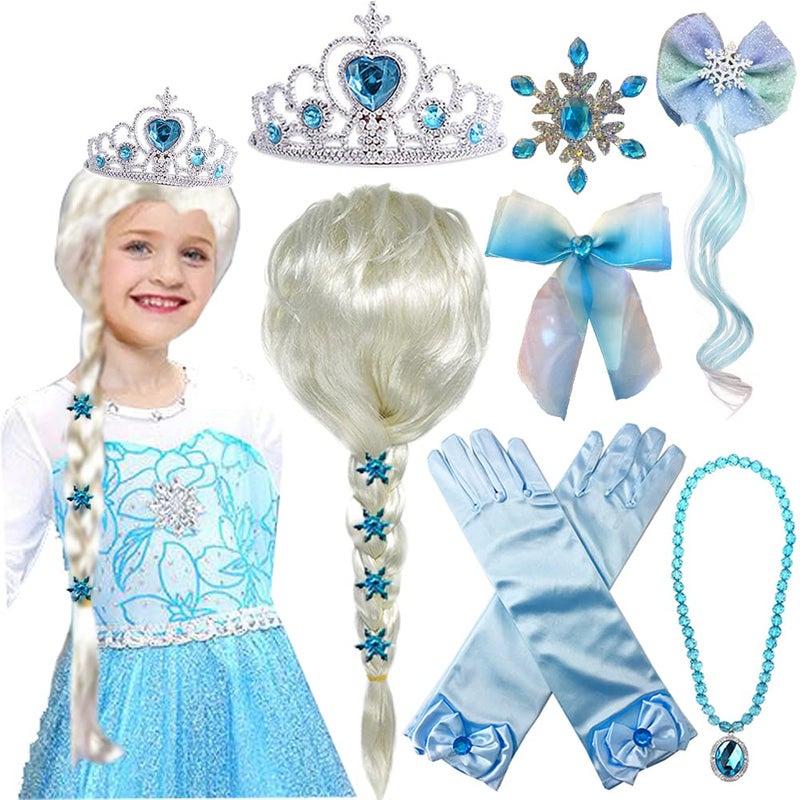 Yosbabe Princess Wig Braid with Tiara Necklace Gloves Princess Dress Up Costume Cosplay Accessories for Kids Girls - Image 2